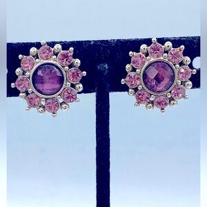 Vintage Small Elegant  Purple and Pink Gemstone Silver Toned Clip On Earrings